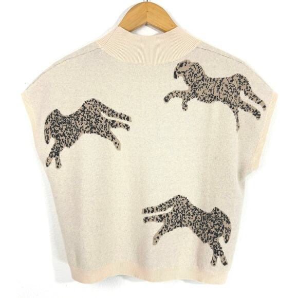 Apricot Leopard Print Sweater Size M Tan Brown Mock Neck Short Sleeve Top - Picture 4 of 9